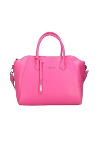 Borsa a tracolla rosa con due manici, una tracolla staccabile e una superficie liscia. Presenta una chiusura con zip e pochi accessori metallici.