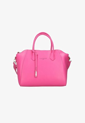 Borsa a tracolla rosa con due manici, una tracolla staccabile e una superficie liscia. Presenta una chiusura con zip e pochi accessori metallici.