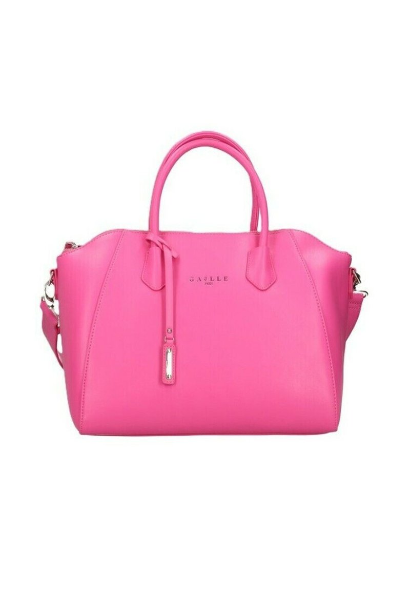 Borsa a tracolla rosa con due manici, una tracolla staccabile e una superficie liscia. Presenta una chiusura con zip e pochi accessori metallici.