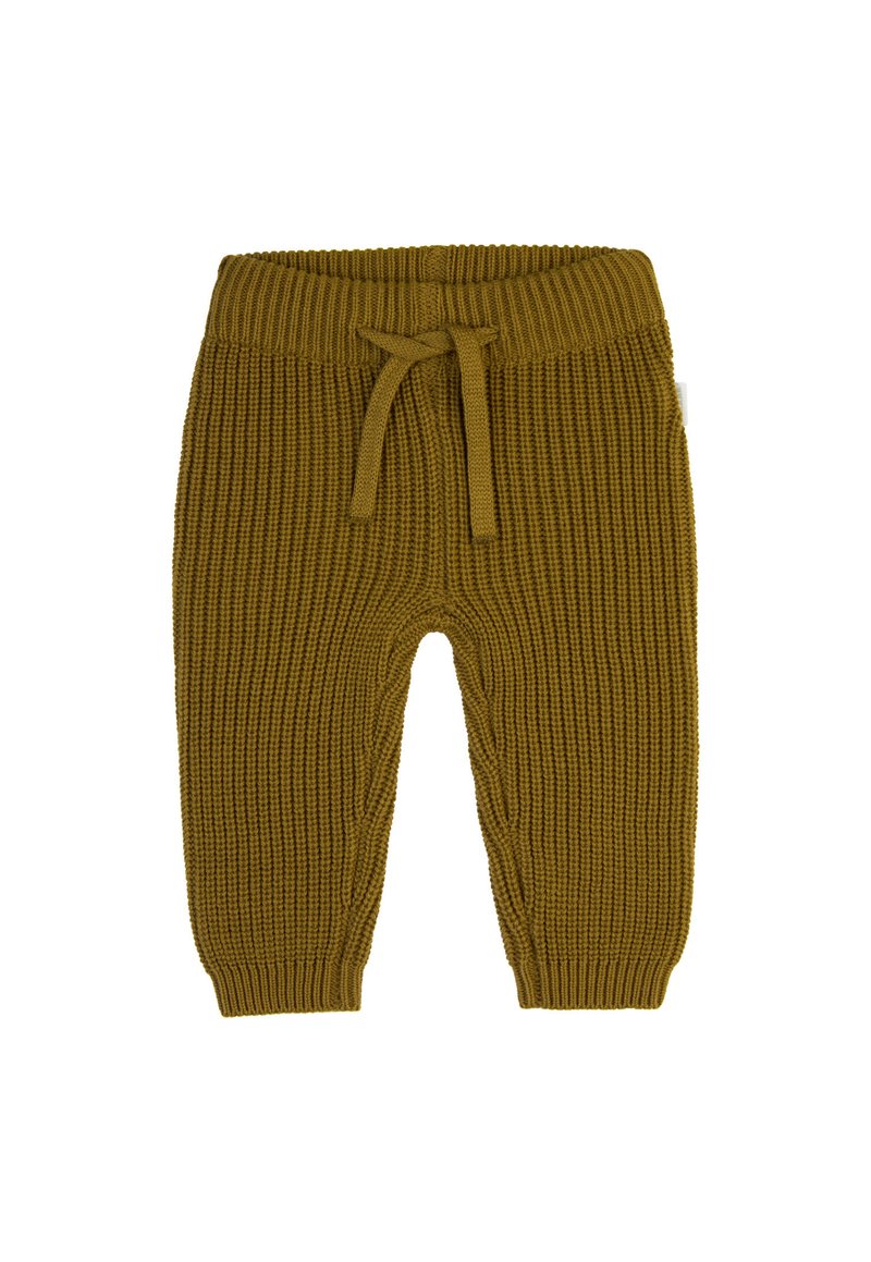 Geribbelde mosterdkleurige gebreide broek met een tailleband met trekkoord, voorzien van een gestructureerde afwerking en een taps toelopend ontwerp.
