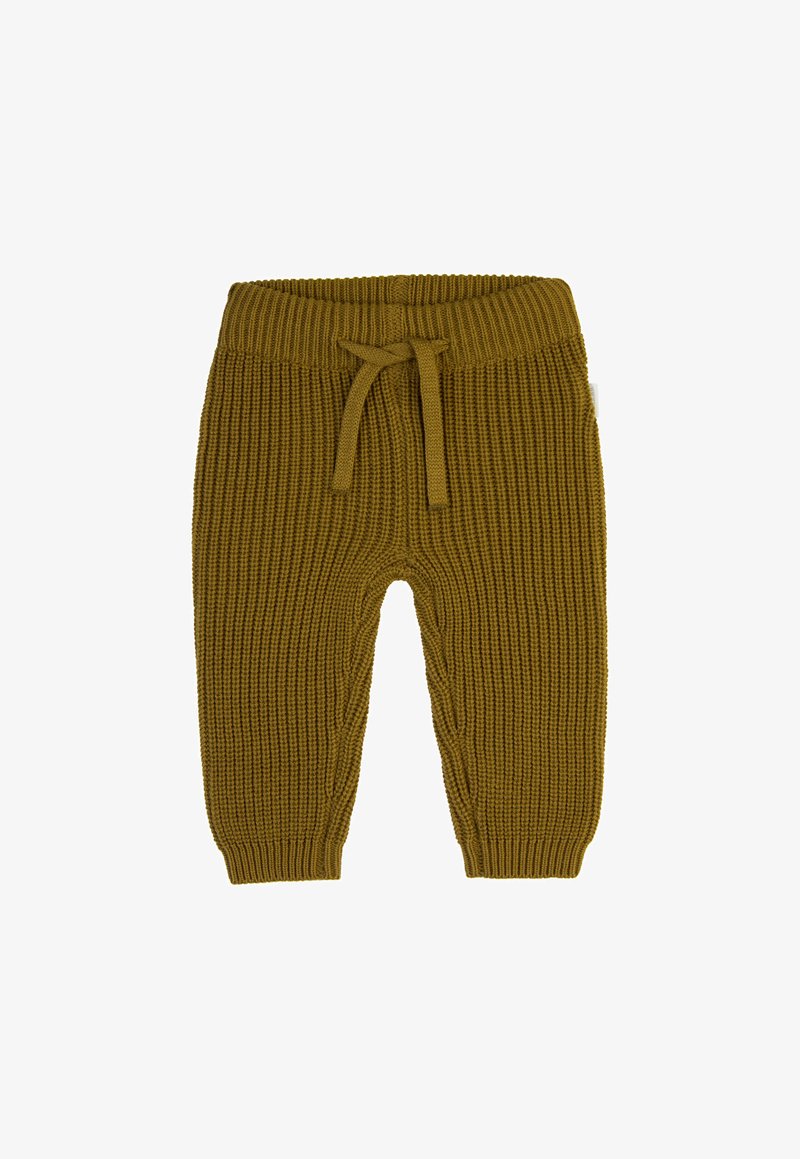 Ribbestrikkede bukser i sennepsgul med snøre i taljen, der har en tekstureret overflade og en tapered ben-design.