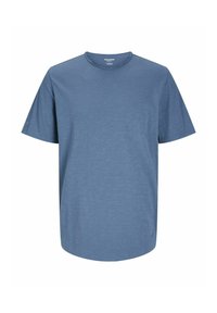 Blue short-sleeve t-shirt made from soft fabric, featuring a round neckline and a relaxed fit with a slightly curved hem.