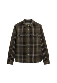 Camisa de cuadros verde y marrón con mangas largas, dos bolsillos en el pecho, cierre de botones y cuello. Hecha de una tela suave y texturizada.