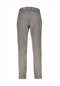 Grijze taps toelopende broek, gemaakt van een zachte stof, met een soepele textuur, riemlussen en twee achterzakken. Eenvoudig, minimalistisch ontwerp.