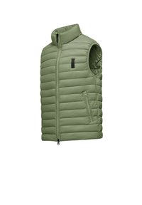 Gevoerde groene vest met een hoge kraag, ritssluiting aan de voorkant, zijzak en horizontale gestikte textuur. Lichtgewicht ontwerp met mouwloze snit.