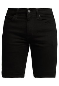 Pantalones cortos de mezclilla negra con botón frontal, trabillas para cinturón y diseño de cinco bolsillos.