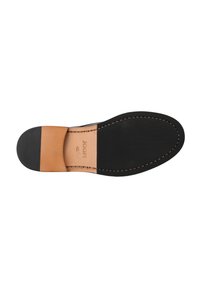 Zwarte leren schoenzool met een gladde textuur; voorzien van een tan leren accent bij de hiel en zichtbare stiksels langs de rand.