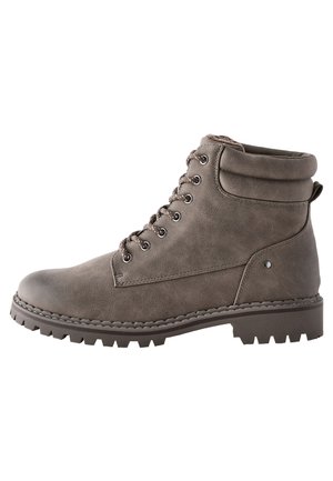 Laced ankle boots in textured gray synthetic material. Features a padded collar, rugged sole, and metallic eyelets, showcasing a sturdy design.