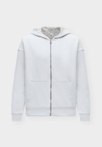 Sweat à capuche blanc zippé intégral avec poches avant, manches longues et capuche doublée en tissu à imprimé léopard gris clair.