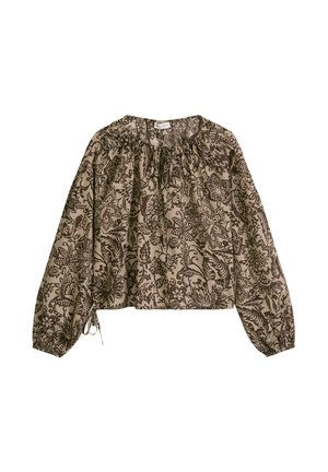 Beige blouse met lange mouwen, donker bloemmotief, ingesnoerde hals met strikjes en elastische manchetten.