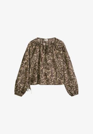 Beige blouse met lange mouwen, donker bloemmotief, ingesnoerde hals met strikjes en elastische manchetten.