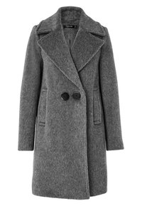 Grijze wollen jas met een reverskraag, dubbelgeknoopte voorkant, twee zwarte knopen en steekzakken. Textuurstof, knielengte ontwerp.