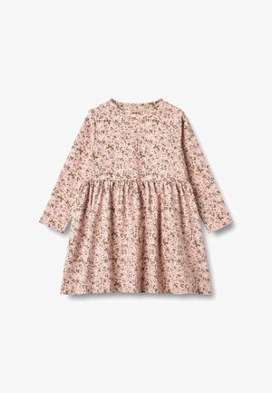 Rozā garām piedurknēm kleita ar ziedu rakstu. Iezīmēta ar savilktu jostasvietu un mīkstu audumu, kas ir ideāla komfortam un brīvai kustībai.