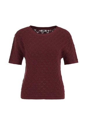 Bordeauxrood gebreid top met korte mouwen en een gestructureerd geometrisch patroon en een ronde hals, ontworpen voor dameskleding voor vrije tijd.