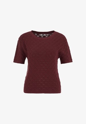 Bordeauxrood gebreid top met korte mouwen en een gestructureerd geometrisch patroon en een ronde hals, ontworpen voor dameskleding voor vrije tijd.