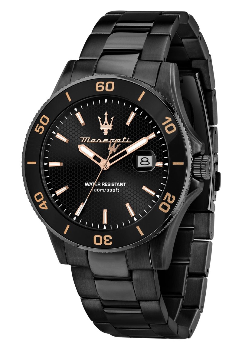 Schwarze Edelstahlarmbanduhr mit rundem Gehäuse, strukturiertem schwarzen Ziffernblatt, roséfarbigen Akzenten, leuchtenden Indizes und einem Datumsfenster auf 3 Uhr.