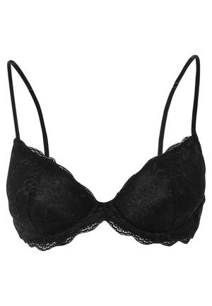 Black lace bra with a plunge design, featuring adjustable straps and scalloped lace trim, offering a smooth texture and defined shape.