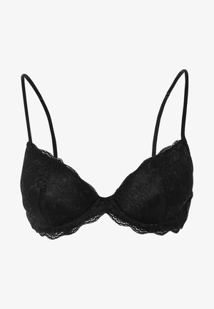 Soutien-gorge en dentelle noire avec un décolleté plongeant, doté de bretelles ajustables et d'une bordure en dentelle festonnée, offrant une texture lisse et une silhouette définie.