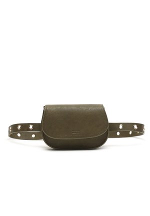 Olive green leather belt bag with front flap, silver eyelet details on adjustable strap, compact rounded shape.