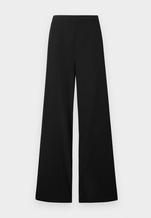 Black wide-leg trousers with a smooth texture, high waist, and no visible patterns or hardware, offering a streamlined silhouette.