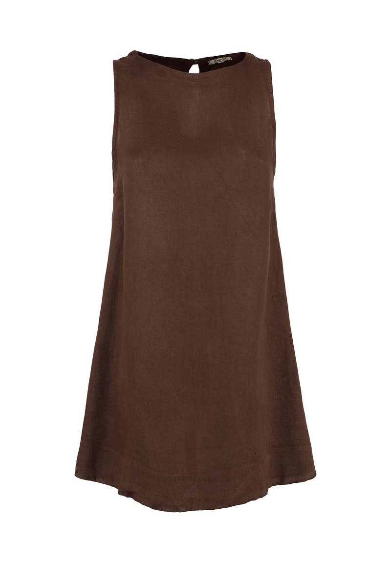 Abito senza maniche in lino marrone con scollatura rotonda e chiusura a occhiello sul retro, caratterizzato da una silhouette A-line rilassata e una texture liscia.