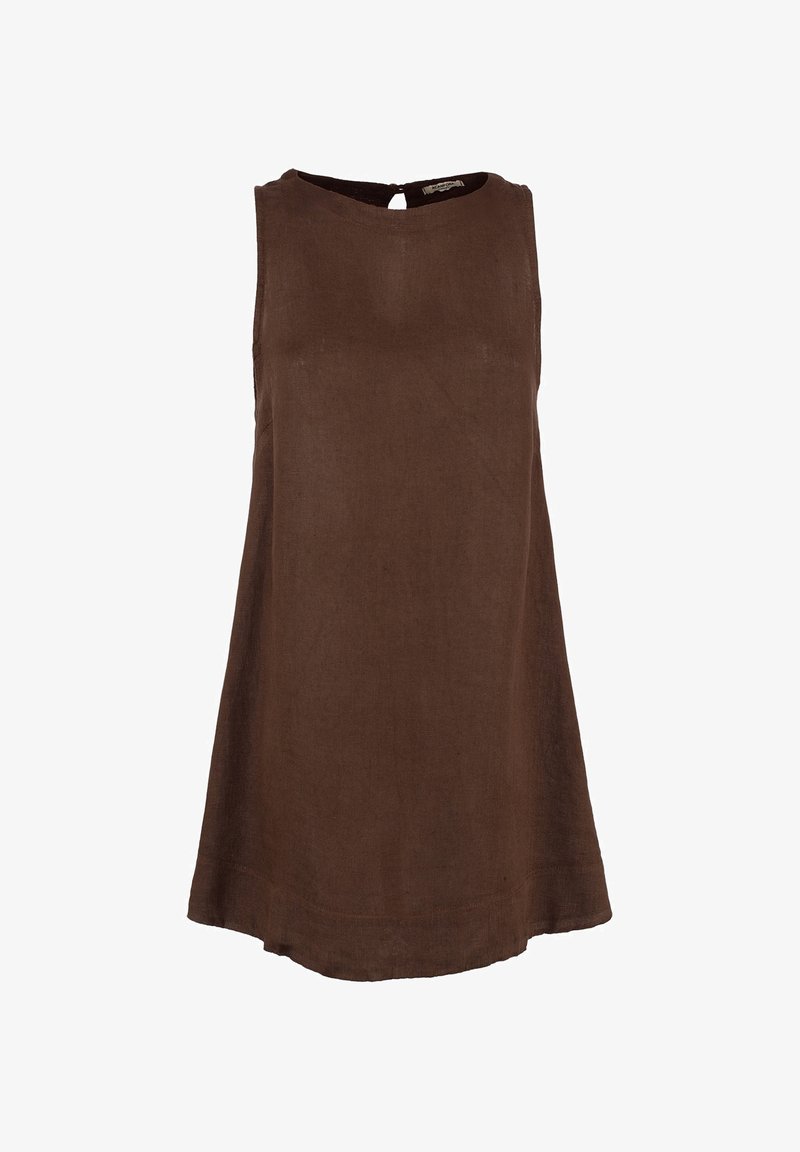 Abito senza maniche in lino marrone con scollatura rotonda e chiusura a occhiello sul retro, caratterizzato da una silhouette A-line rilassata e una texture liscia.
