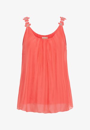 Koral farvet ærmeløs top lavet af letvægtsstof, med blomsterdetaljer på stropperne og en plissee-design for en svævende silhuet.
