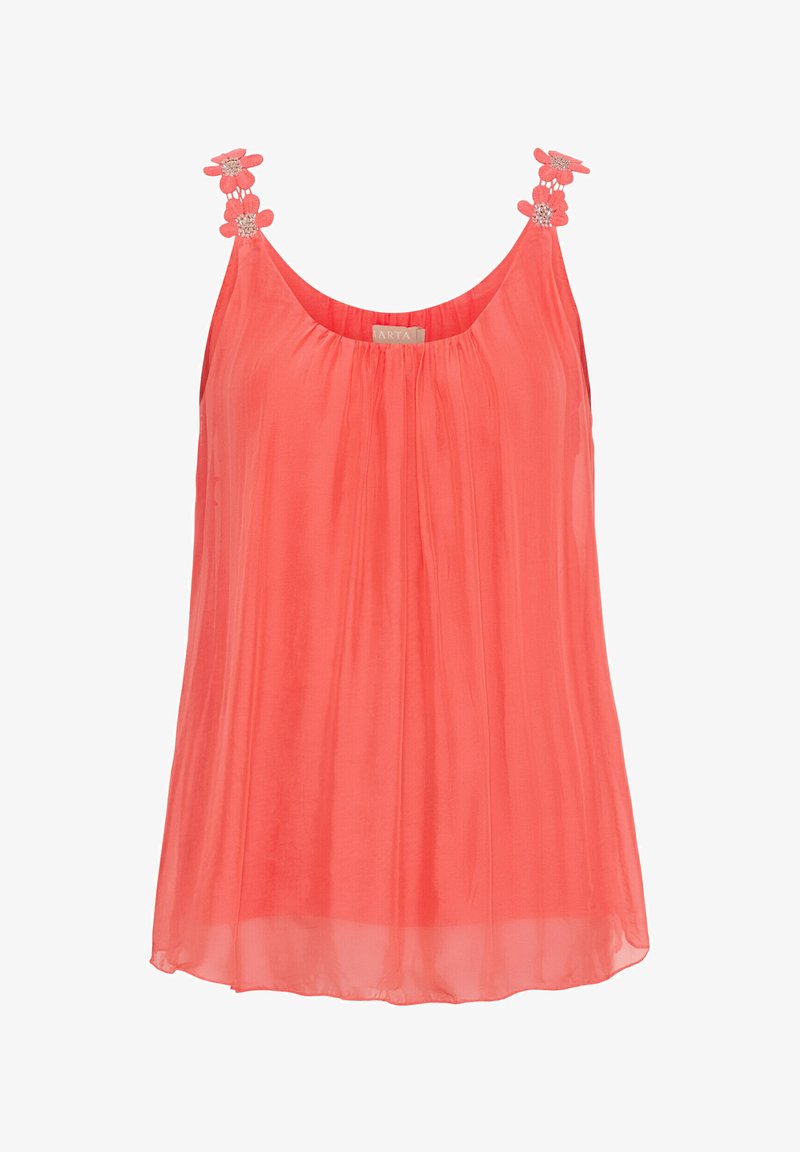 Koral farvet ærmeløs top lavet af letvægtsstof, med blomsterdetaljer på stropperne og en plissee-design for en svævende silhuet.
