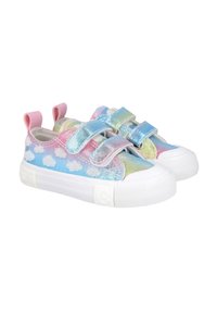 Zapatillas de lona coloridas con tonalidades de azul, rosa y verde, con patrones de nubes, doble tira de velcro y suelas de goma blanca.