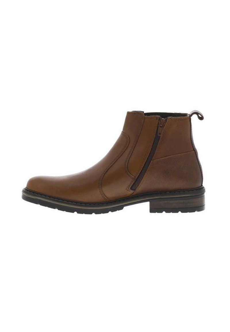 Bota de cuero marrón hasta el tobillo con un zipper interior, textura suave, punta redonda y un ligero tacón con una suela de goma duradera.