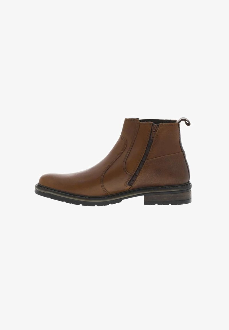Bottine en cuir marron avec fermeture éclair intérieure, texture lisse, bout rond et un léger talon, dotée d'une semelle en caoutchouc durable.