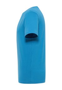 Blue cotton t-shirt featuring a crew neck, short sleeves, and a straight hem, showcasing a smooth texture and simple design.