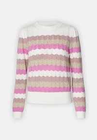 Stickad tröja med rund halsringning och långa ärmar. Har ett vågigt randmönster i rosa, vitt, beige och brunt. Texturerad tyg.