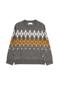 Maglione grigio lavorato a maglia con motivo argyle bianco, nero e giallo senape sul petto e sulle braccia superiori, con polsini e orlo a coste.