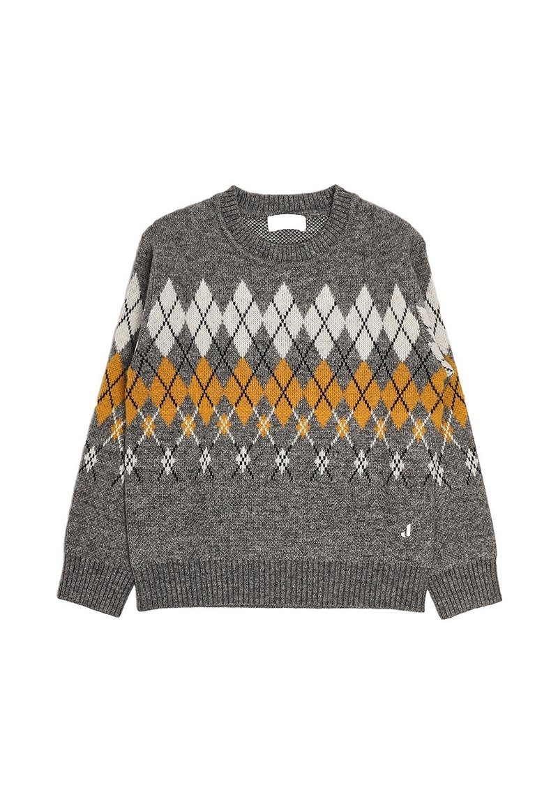Maglione grigio lavorato a maglia con motivo argyle bianco, nero e giallo senape sul petto e sulle braccia superiori, con polsini e orlo a coste.