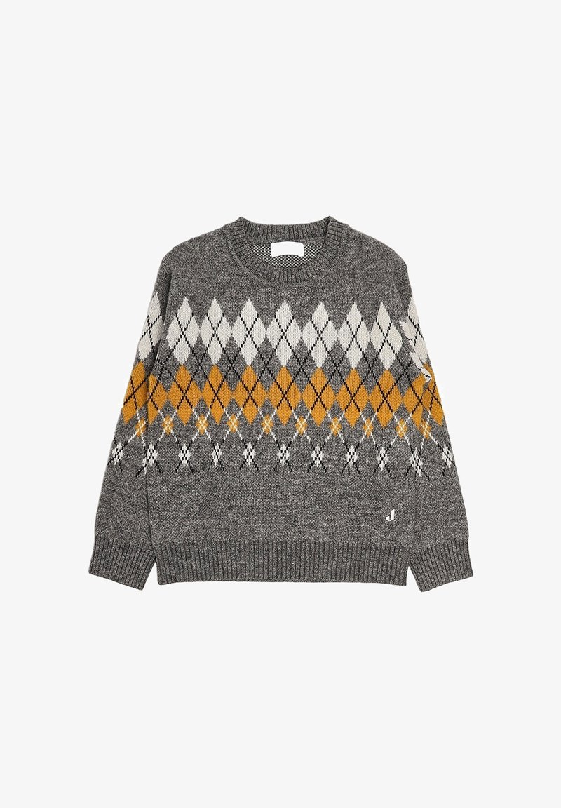 Maglione grigio lavorato a maglia con motivo argyle bianco, nero e giallo senape sul petto e sulle braccia superiori, con polsini e orlo a coste.