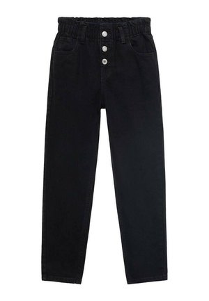 Pantaloni in denim nero con vita elastica, cinque tasche e patta con bottone dotata di tre bottoni argentati. Design a gamba dritta, trama liscia.