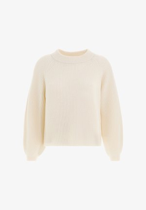 Cream-colored knitted sweater with a relaxed fit, ribbed texture, and balloon sleeves. Features a wide crew neckline and dropped shoulders.