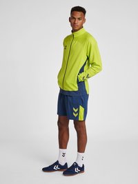 Lys grøn lynlåsjakke med blå accenter, parret med blå shorts med chevronmønster. Inkluderer hvide sokker og marineblå sko.