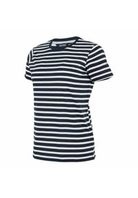 Marineblaues und weiß gestreiftes T-Shirt mit kurzen Ärmeln, Rundhalsausschnitt, tailliertem Schnitt und Regatta Great Outdoors-Logo am Kragen und Ärmel.