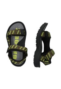 Verstelbare sandalen met een zwarte zool, groene enbruine gestructureerde bandjes en textuurgrijze binnenzolen met logo-detail.