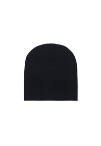 Gorro de punto negro con forma redondeada y una textura suave. Presenta un diseño sencillo, sin logotipos ni patrones visibles.