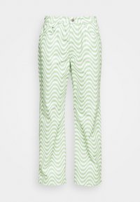 Calças femininas verdes e brancas com um padrão de riscas onduladas. Feitas de um tecido leve, com um design de perna reta e bolsos frontais.