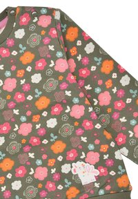 Cotton sweatshirt in olive green featuring a floral pattern in pink, orange, and white with a small embroidered animal design on the hem.