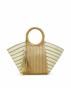 Bolso de paja trenzada con un mango redondeado, que presenta franjas alternas claras y oscuras, y un tassel decorativo con un acento de concha.