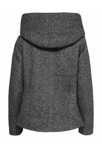 Grå uldfrakke med en stor, foldet hætte, der har et tekstureret stof, tætsiddende silhuet og afrundet kant bagpå.