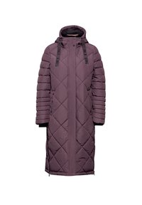 Lång vadderad kappa i mörklila med huva. Har diagonala sömmar, ribbad manschetter och justerbar dragsko för en snug passform.