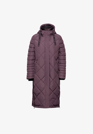 Manteau matelassé long en mauve foncé avec capuche. Il présente des coutures diagonales, des poignets côtelés et un cordon de serrage ajustable pour un ajustement confortable.