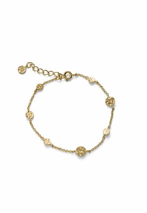 Nežni zlatni zapestnica z majhnimi okroglimi značkami z udarnim vzorcem, enakomerno razporejenimi vzdolž fine verige, ter z zapiralom s pomično obročkom in nastavljivimi povezavami.