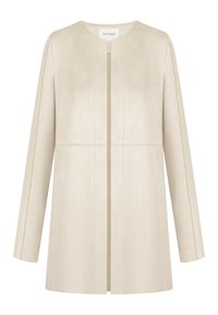 Manteau long beige avec un col rond, une fermeture éclair verticale à l'avant et des détails de coutures minimales. Confectionné en tissu doux et texturé.